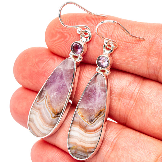 Amethyst agate earrings in .925 sterling silver, purple teardrop dangles with round gemstone accents