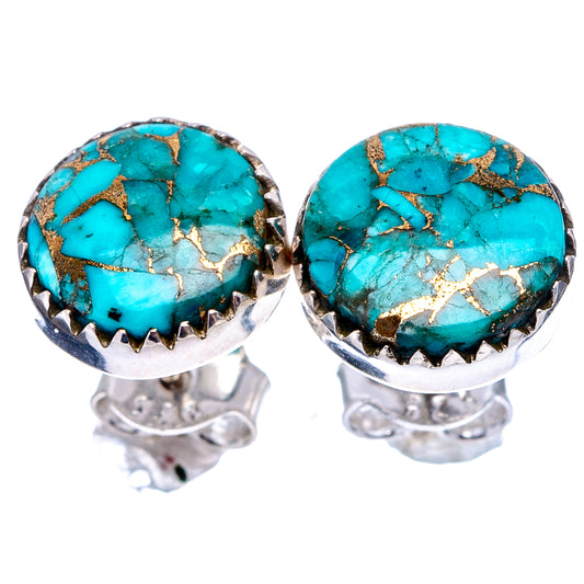 Pair of round turquoise stud earrings with gold matrix and silver backs, bezel set