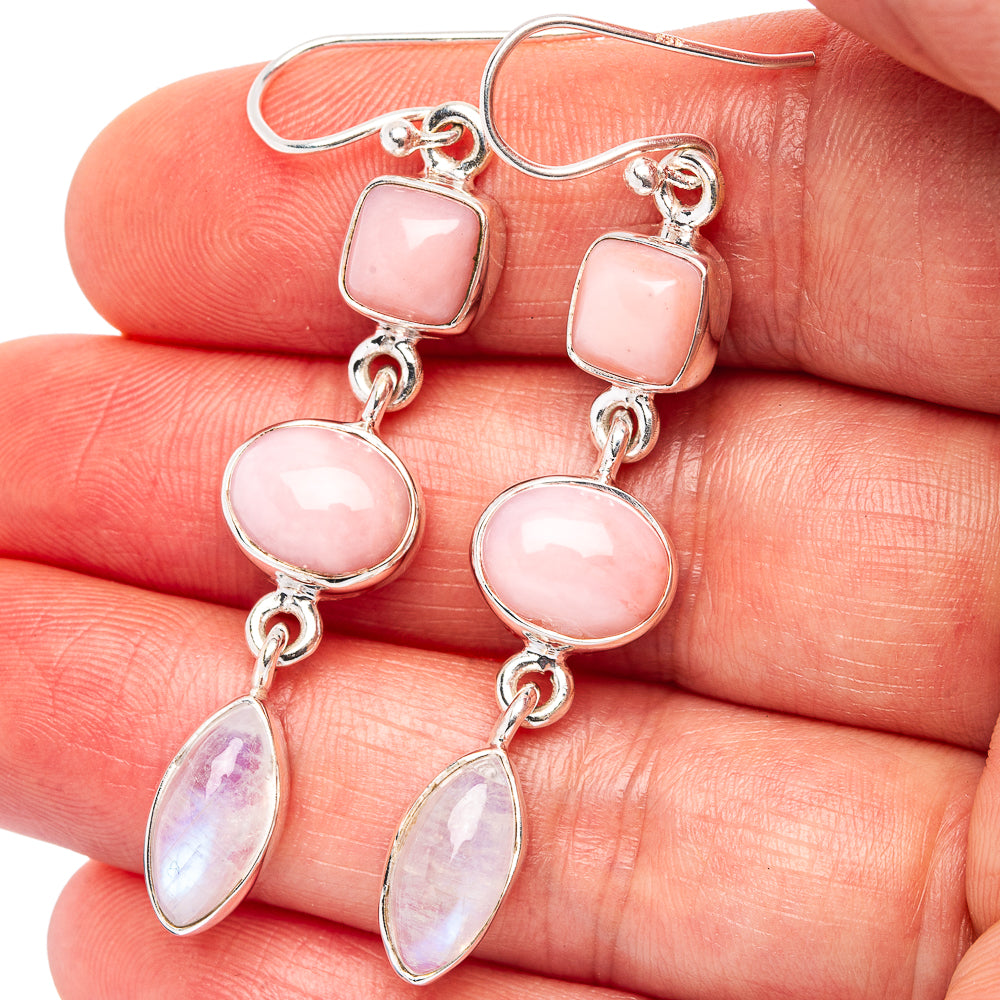 Premium Pink Opal, Rainbow Moonstone Earrings 2 1/8" (.925 Sterling Silver)