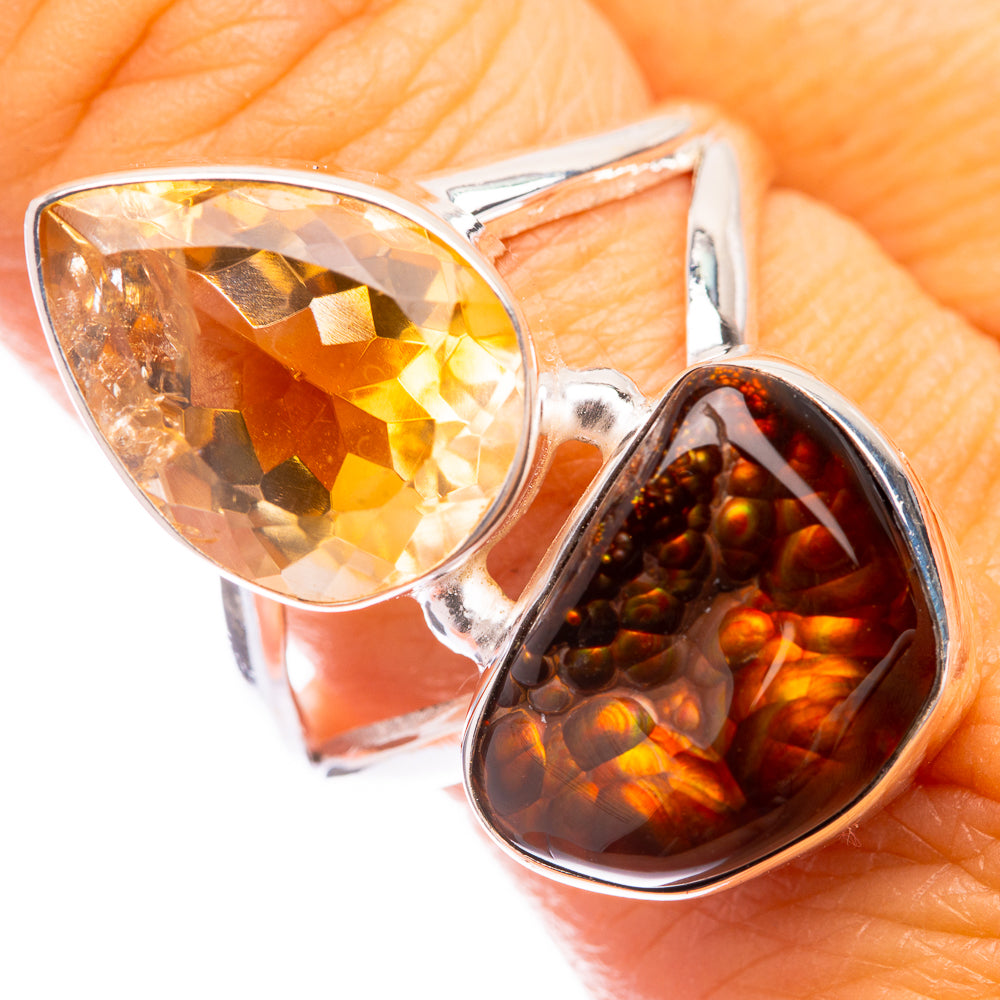 925 sterling silver double-teardrop ring with golden citrine and honey fire agate