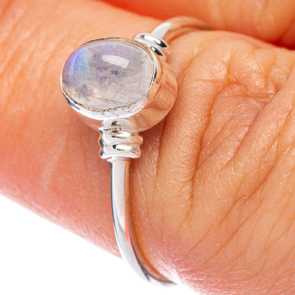 Dainty oval moonstone bezel ring, 925 sterling silver, slim band