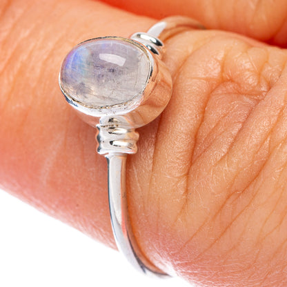 Dainty oval moonstone bezel ring, 925 sterling silver, slim band