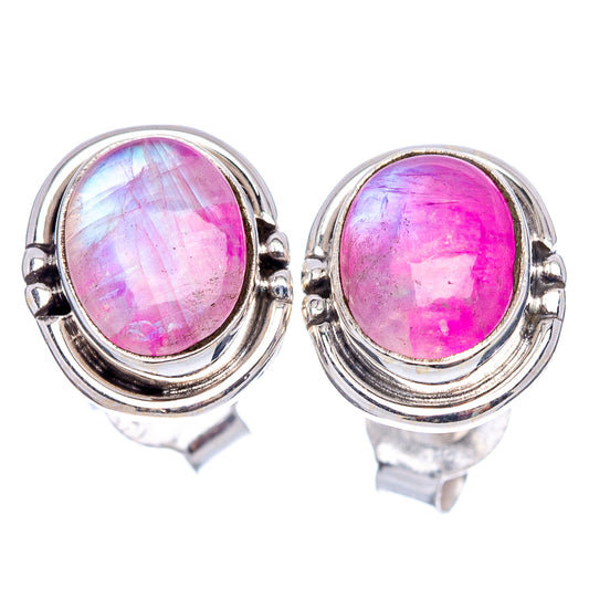Sterling silver oval gemstone stud earrings with bright pink cabochon bezel setting