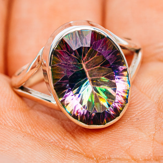 Sterling silver ring with round iridescent gemstone, rainbow facets in bezel frame