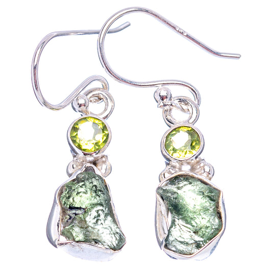 Sterling silver drop earrings with lime-green round stones and green rough moldavite chunks