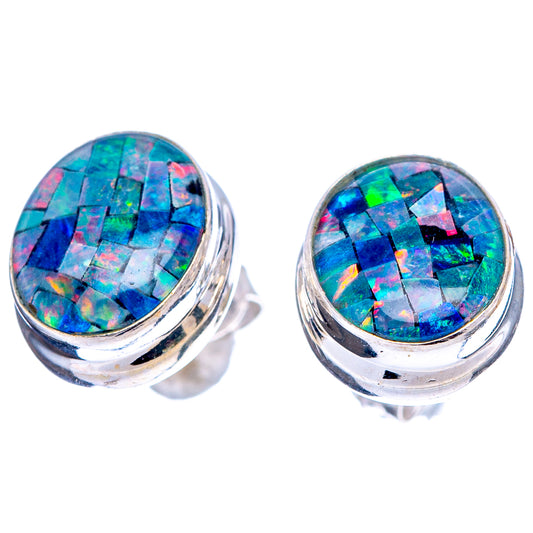 Pair of oval opal stud earrings, .925 sterling silver, blue-green-pink mosaic color