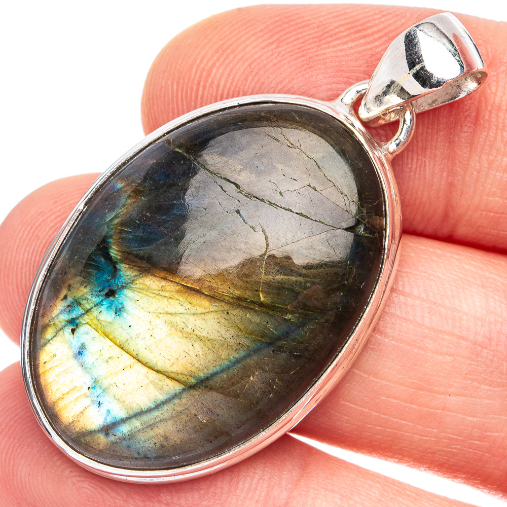 Labradorite pendant in oval bezel, iridescent blue-gold stone with sterling silver frame