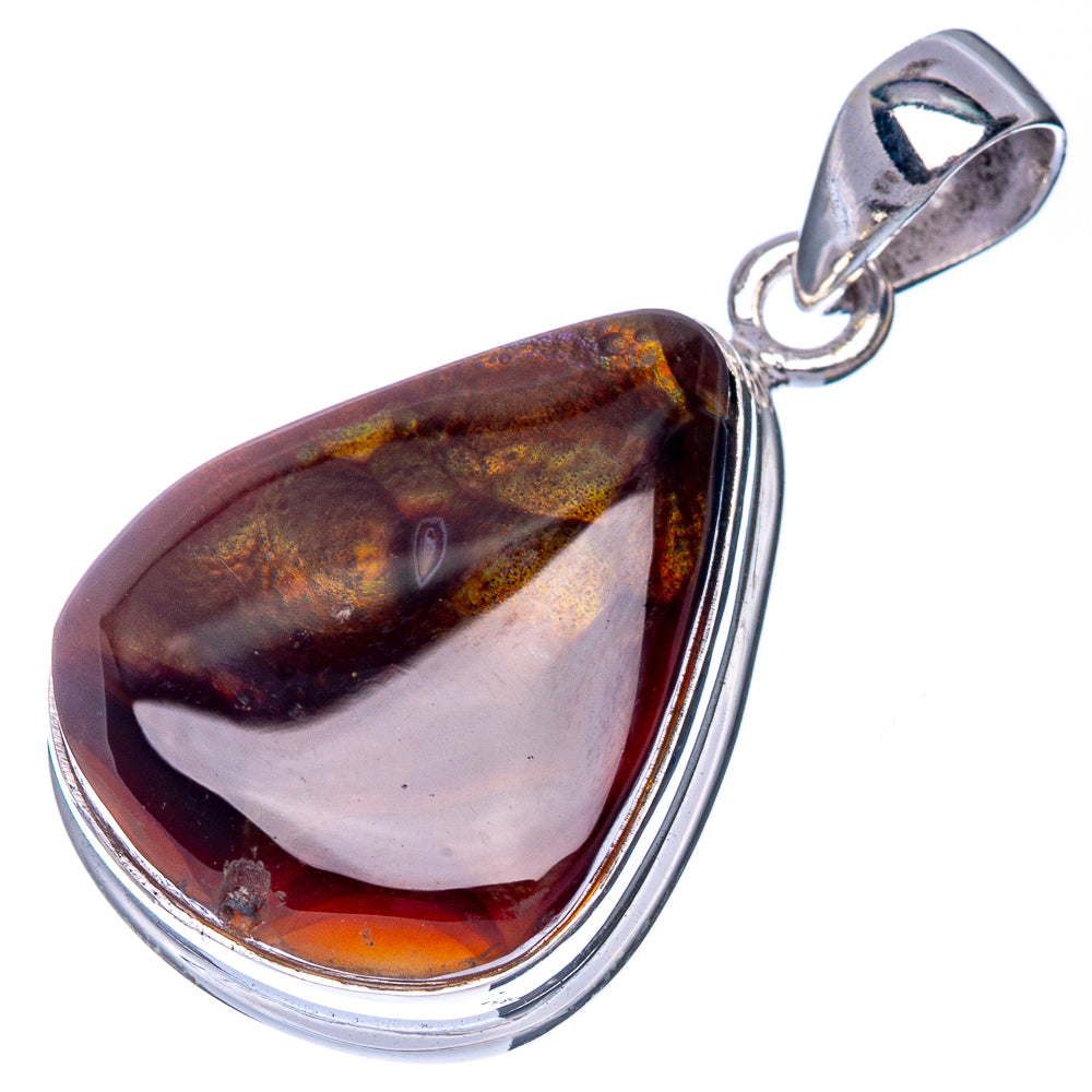 Sterling silver fire agate teardrop pendant with glossy brown and orange gemstone