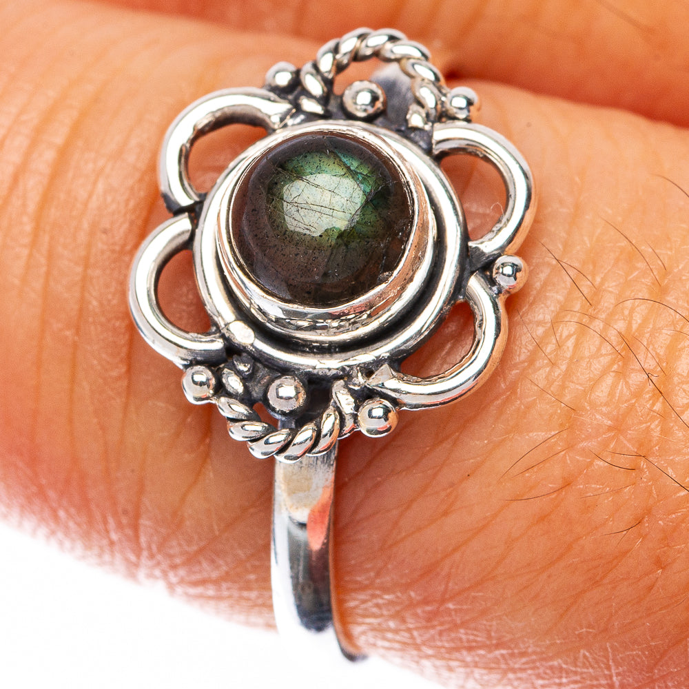 Dainty sterling silver ring with green-gray labradorite oval stone and beaded halo