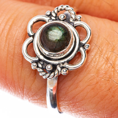 Dainty sterling silver ring with green-gray labradorite oval stone and beaded halo