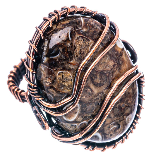 Oxidized copper wire wrap agate ring with oval stone, coiled bezel detail