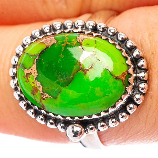 Sterling silver turquoise cabochon ring with green oval stone, beaded bezel, size 8.