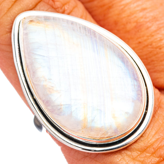 Sterling silver teardrop moonstone ring with rainbow sheen, open frame view