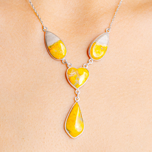 Bumblebee jasper teardrop pendant necklace in .925 sterling silver, chain with yellow stone drops