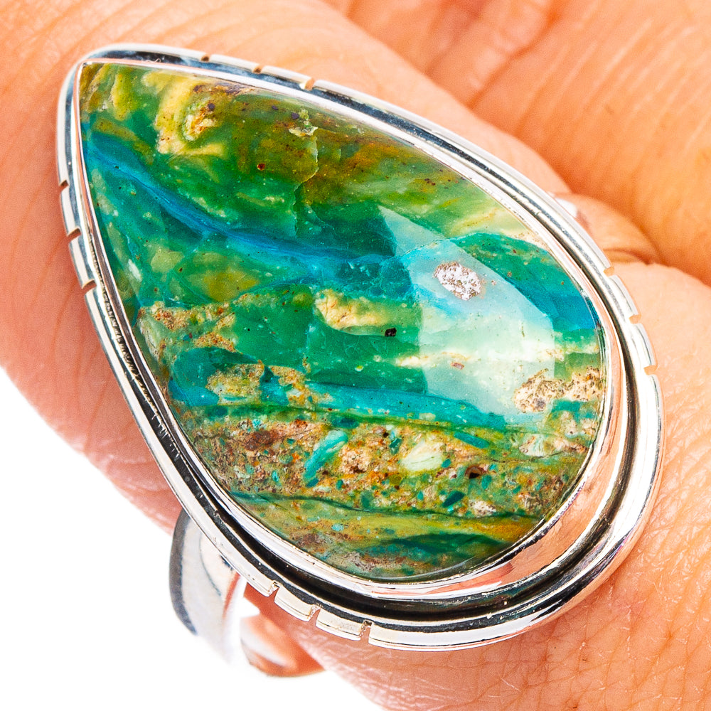 Teardrop opal ring with green and blue stone in sterling silver bezel