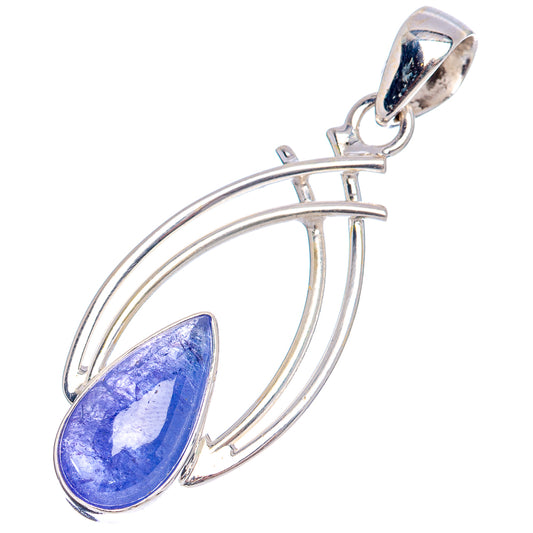 Sterling silver tanzanite pendant with two curved bands and pear-shaped blue gemstone