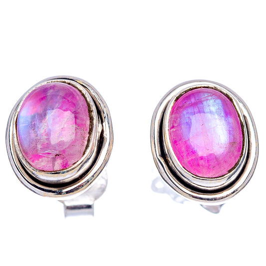 Pink moonstone oval stud earrings with .925 sterling silver bezel and post backs