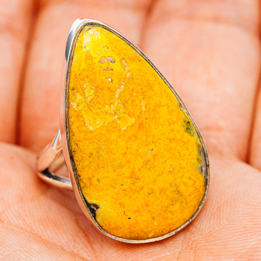Sterling silver ring with teardrop yellow bumblebee jasper cabochon and slim band