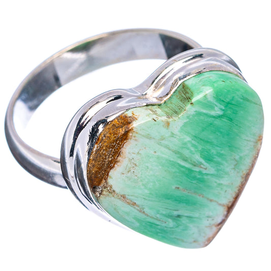 Green variscite heart cabochon sterling silver ring, angled side view
