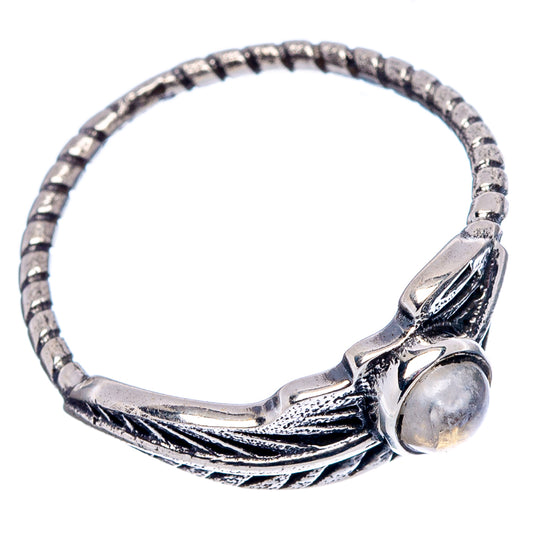 Sterling silver feather ring with oval moonstone on beaded band, size 6.75