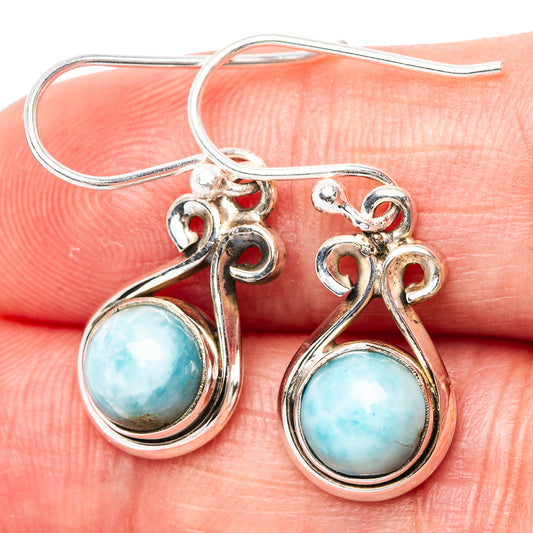 Larimar drop earrings, .925 sterling silver hooks with blue oval stones and detailed filigree