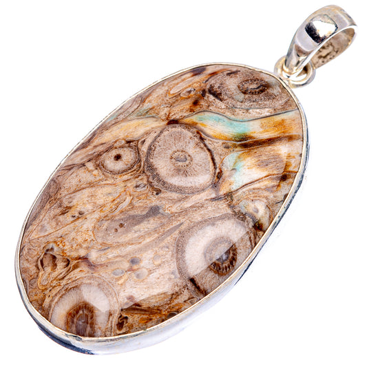 Sterling silver teardrop pendant with brown fossilized stone and oval bail