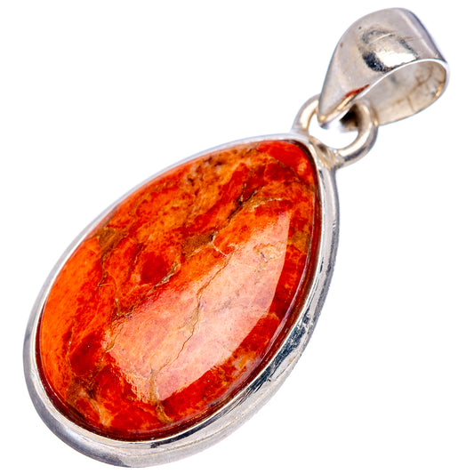 Sponge coral teardrop pendant, .925 sterling silver, orange-red stone close-up