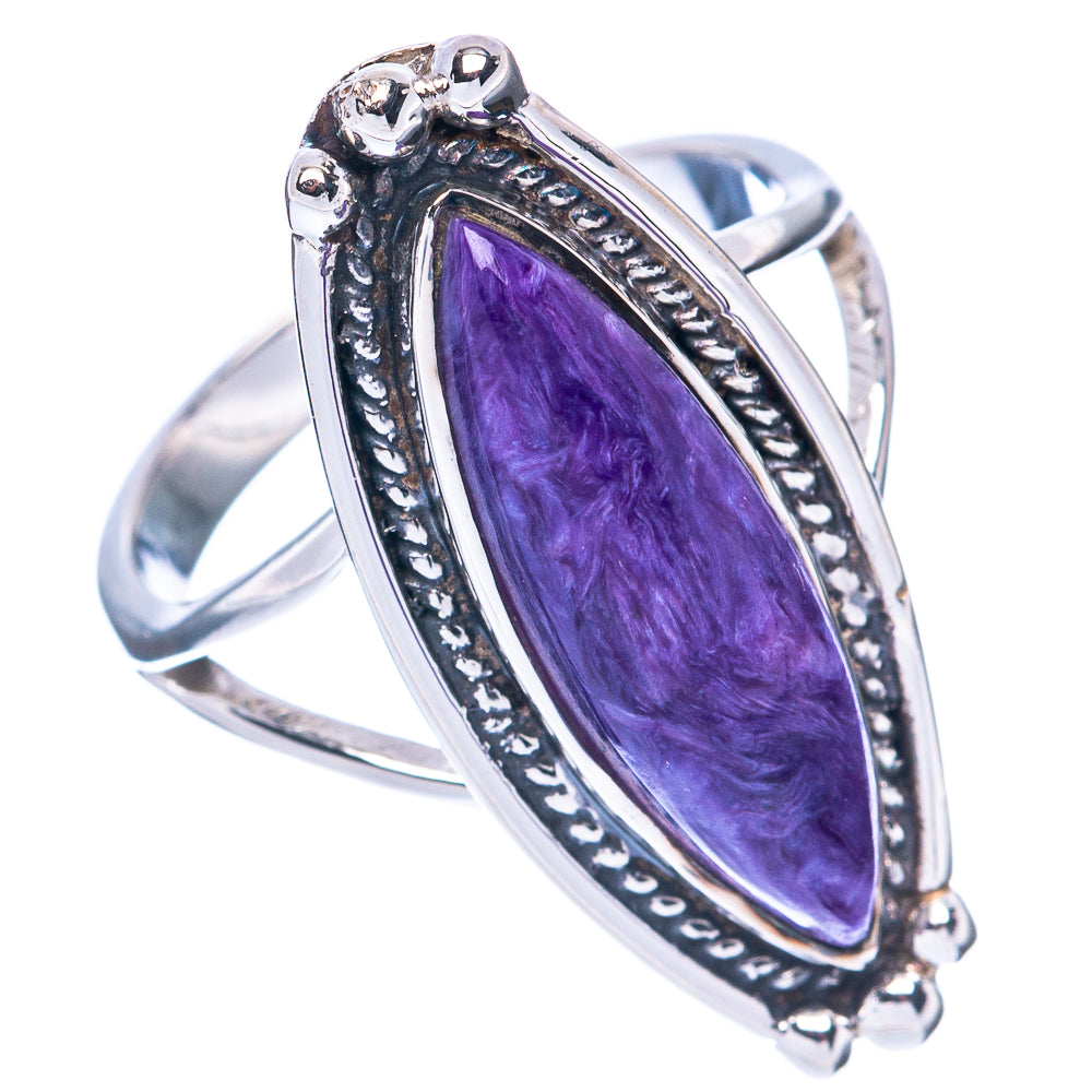 Purple marquise charoite gemstone on 925 sterling silver ring with raised prongs