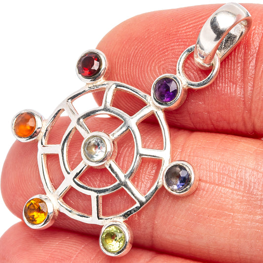 925 sterling silver chakra wheel pendant with multicolor gemstone beads and bail