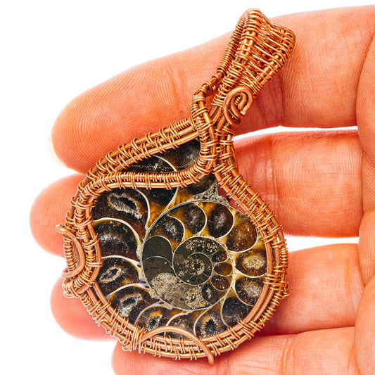 Ammonite Fossil Wire Wrap Pendant 2 1/2" (Copper)