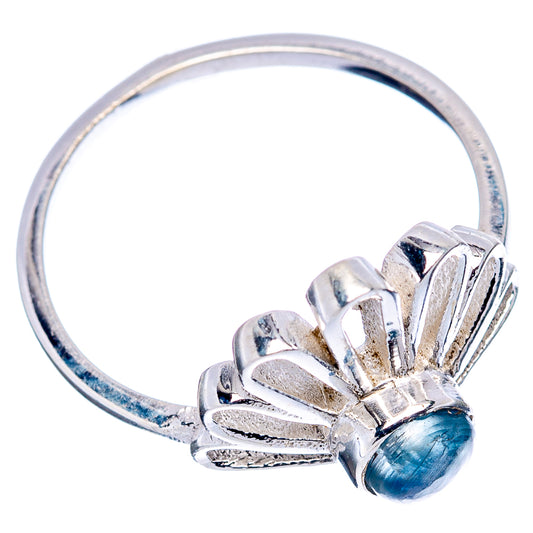 Sterling silver daisy ring with blue cabochon stone and petal setting, open band view