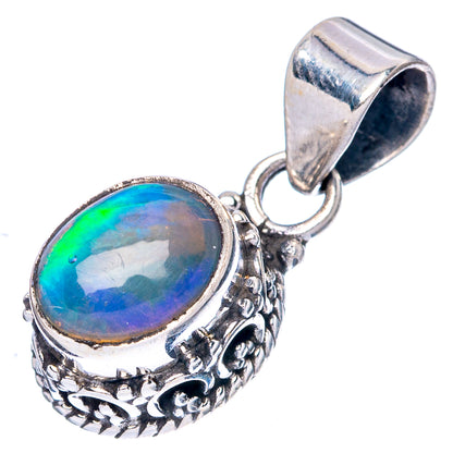 Oval Ethiopian opal pendant charm, 925 sterling silver with decorative side details and bail
