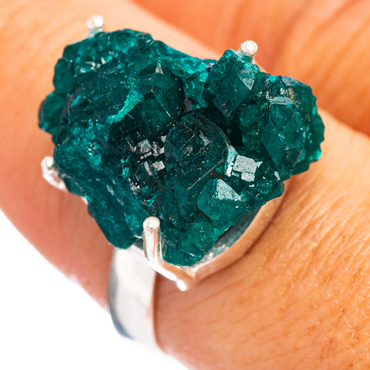 Dioptase ring with green crystal cluster on .925 sterling silver band