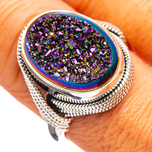 Sterling silver oval drusy ring with iridescent purple-green glittered stone
