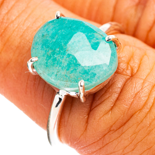 Amazonite gemstone ring with oval teal stone, .925 sterling silver prongs