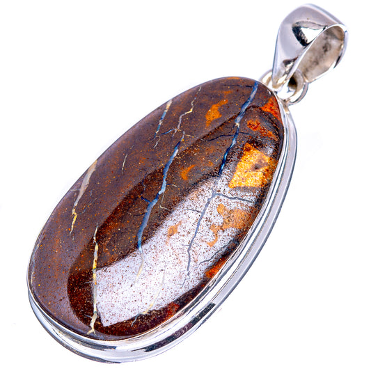 Oval boulder opal pendant with bail, dark brown stone with blue veins and orange highlights.