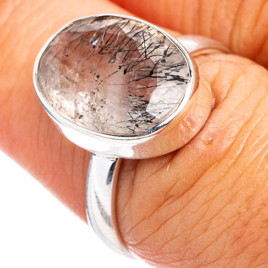 Sterling silver Cacoxenite oval ring, gray stone with dark veining, size 6.75