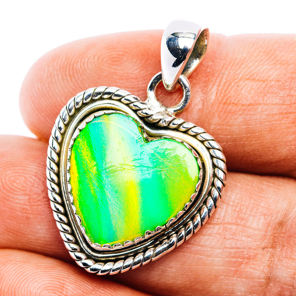 Green Aurora Opal Heart Pendant 1 1/4" (.925 Sterling Silver)