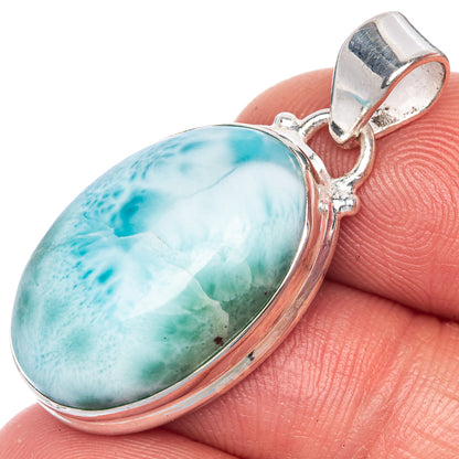 Larimar gemstone pendant in oval bezel with sterling silver bail, close view