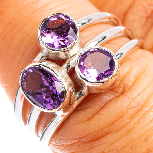 Amethyst sterling silver ring with three round purple stones