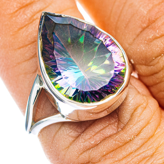 Teardrop sterling silver ring with iridescent faceted gemstone, size 7.5