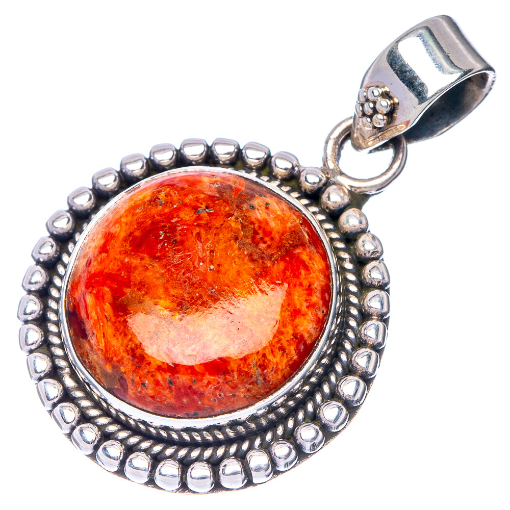Orange sponge coral cabochon pendant in 925 sterling silver bezel with loop bail