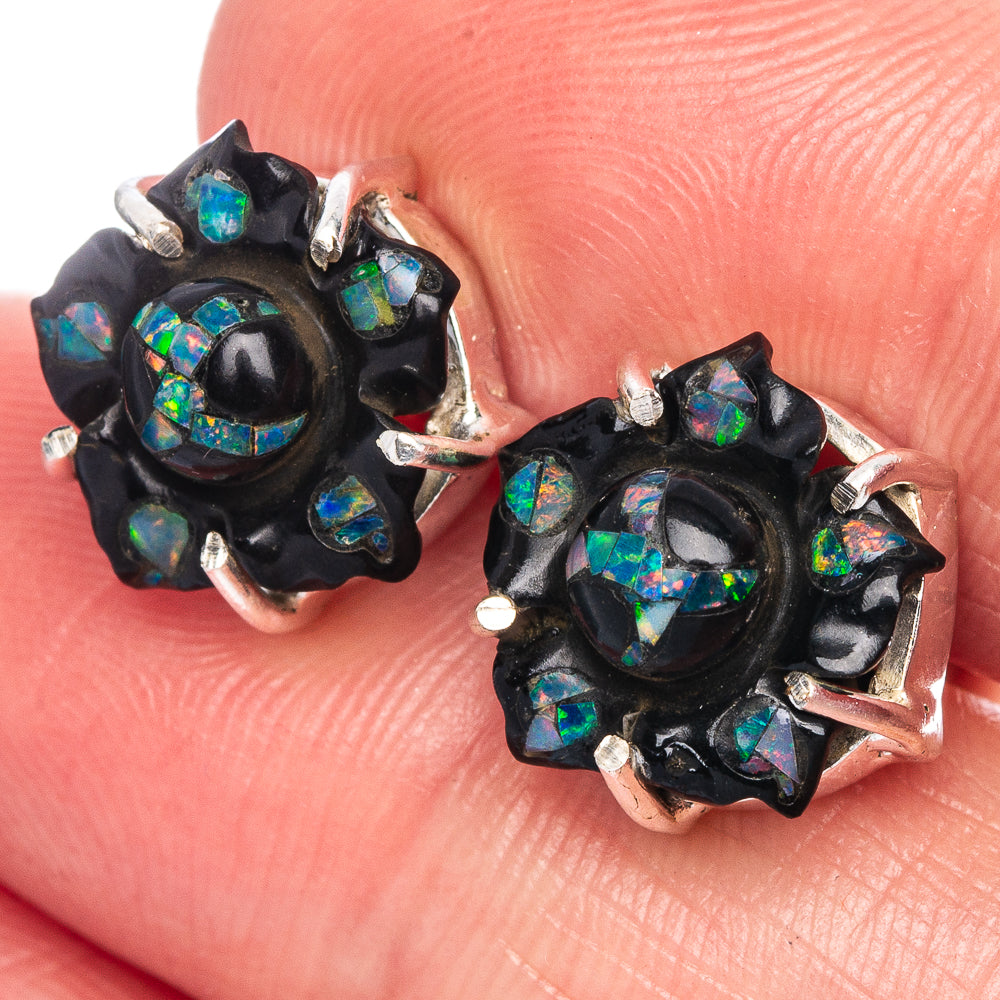 Black onyx opal cluster earrings, 925 sterling silver, round bezel with blue-green sparkle