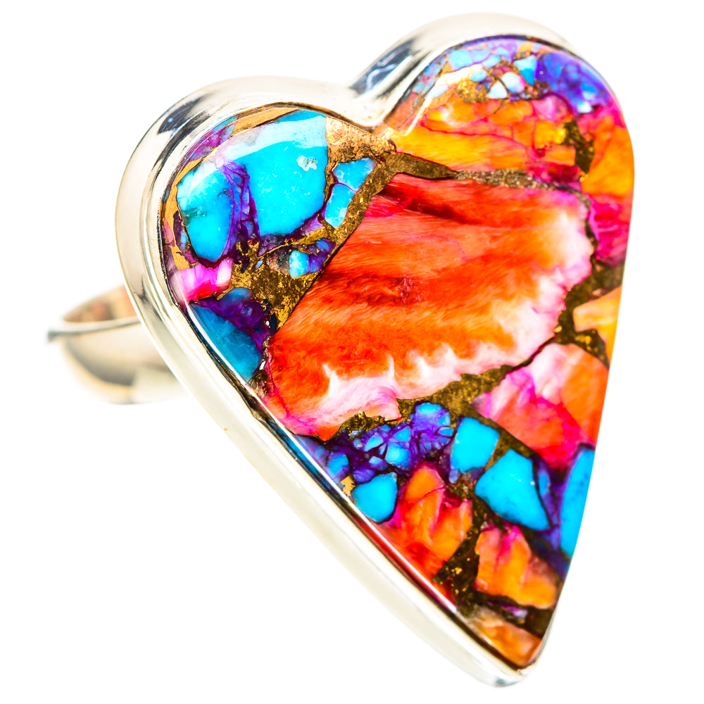 Heart-shaped mosaic ring with vivid turquoise, orange, purple-pink stones and silver band