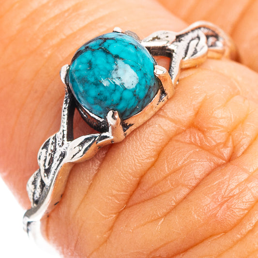 Sterling silver turquoise dainty ring with oval cabochon and decorative leaf-style band