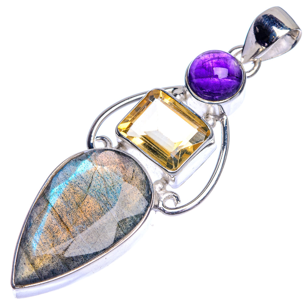 Sterling silver pendant with citrine square, amethyst sphere, labradorite teardrop