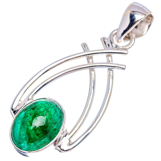 Sterling silver emerald green pendant with oval gemstone and curved metal frame