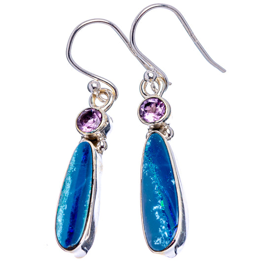 Sterling silver drop earrings with oval blue opal and round amethyst accents