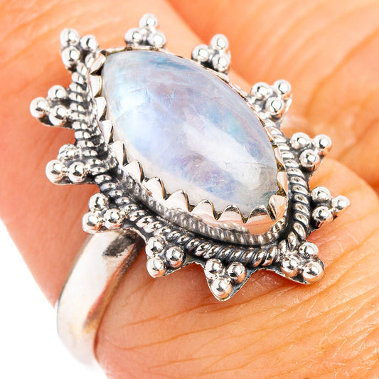 Rainbow moonstone ring in .925 sterling silver, pear cabochon with ornate beaded halo