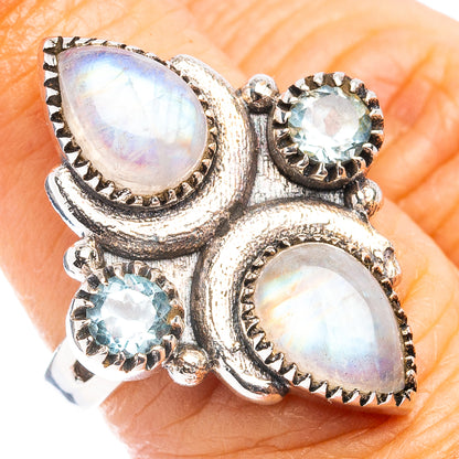 Premium Rainbow Moonstone, Blue Topaz Ring Size 6 (.925 Sterling Silver)